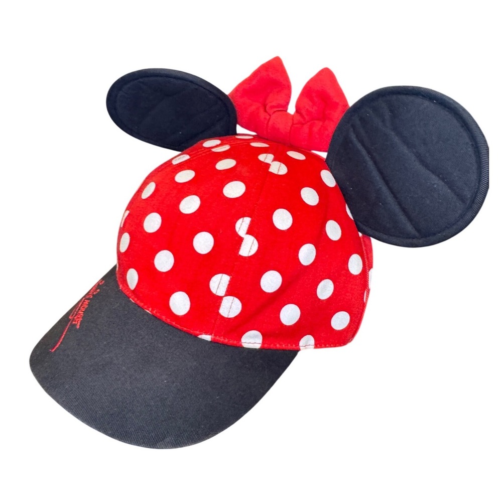 Walt Disney World Minnie Mouse Polka Dot Ears Bow Baseball Cap Hat Red Black